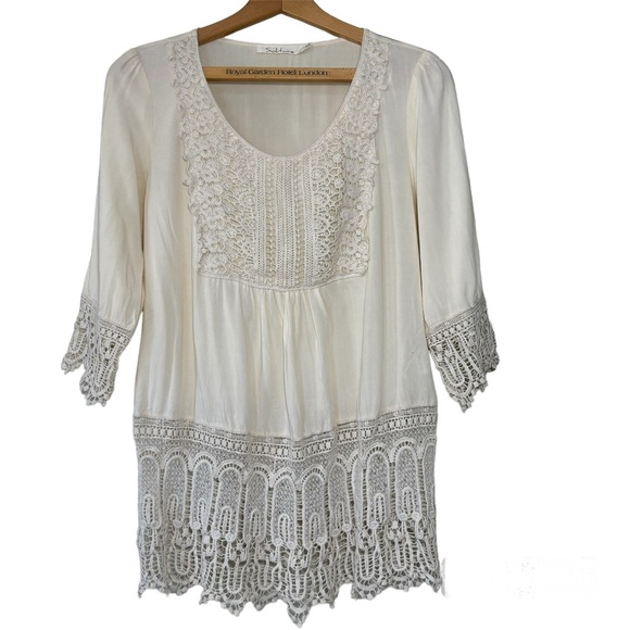 Solitaire pale cream, Boho Crochet Trim Tunic Top, Cover-up,Blouse. Women’s M - Picture 1 of 7